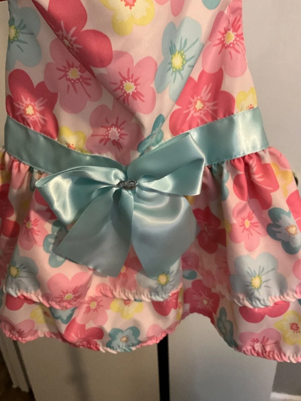 Smoochie Pooch Floral Harness Dog Dress with Blue Satin Bow – Size Large